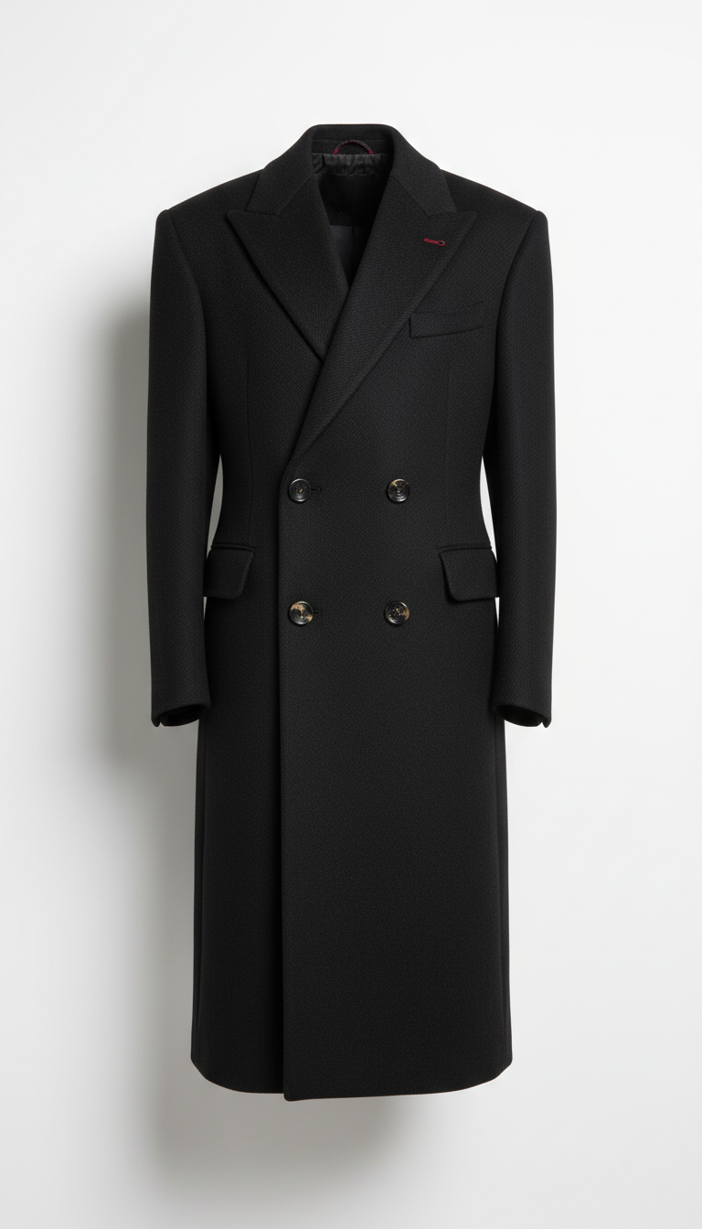 Double-breasted coat in jet black wool